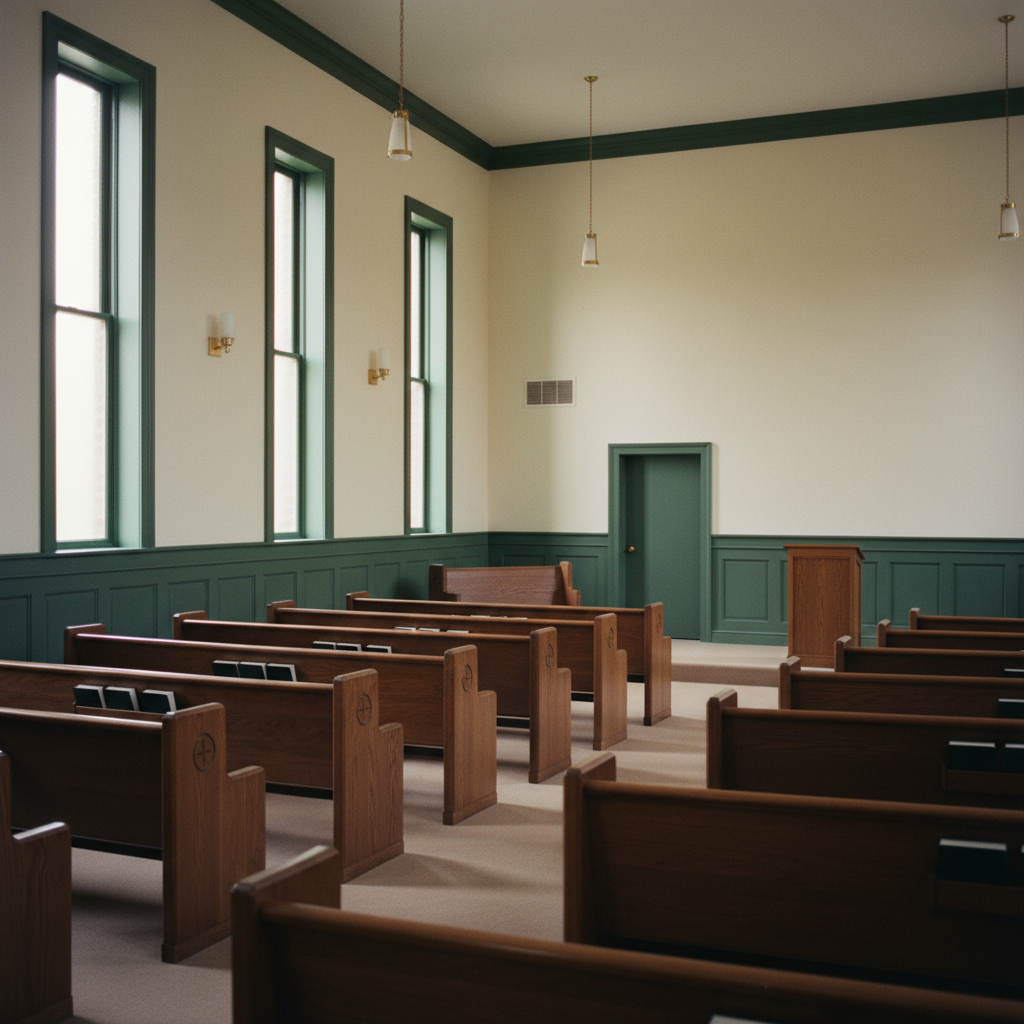 The interior of Westbrook Memorial Chapel — wood pews, a wood lectern, soft daylight from a tall side window