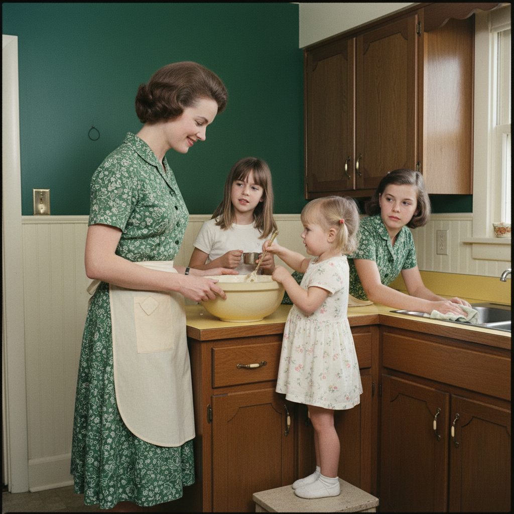 Eleanor with her three daughters in their Cleveland Heights kitchen, 1968
