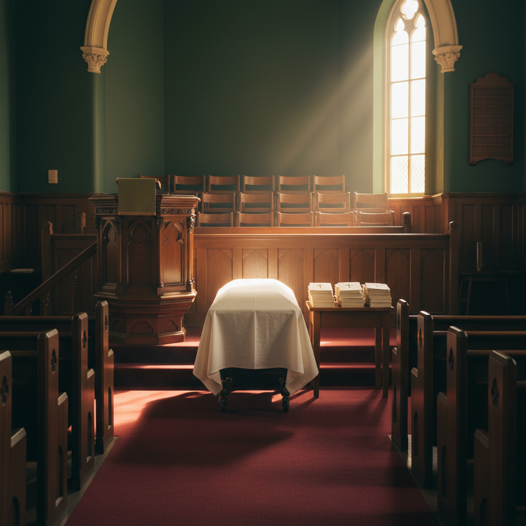 A Black-church sanctuary interior with a tall wood pulpit, choir loft, and a procession entering