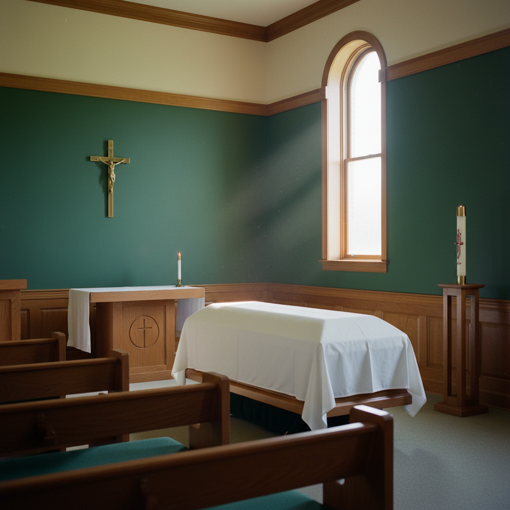 A Catholic chapel interior with a crucifix above the altar at Westbrook Memorial Chapel