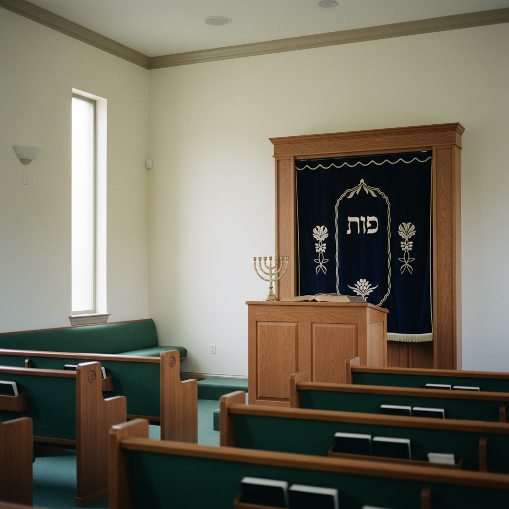 A Jewish sanctuary interior with the Aron Kodesh (Torah ark) visible