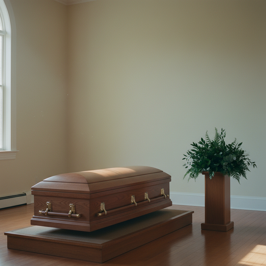 A casket at the front of the chapel under a single shaft of daylight