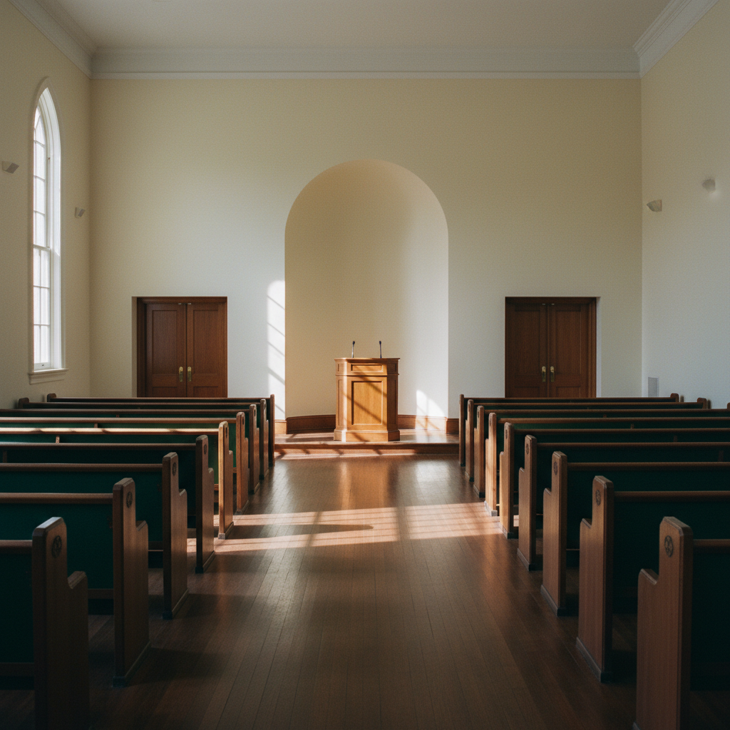The wooden pews and side window of Westbrook Memorial Chapel